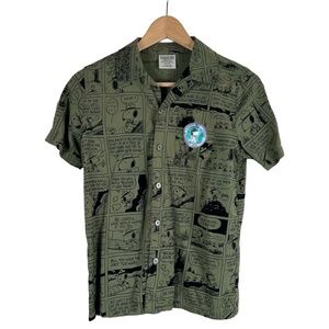 Peanuts Kids Camp Shirt L 14/16 Army Green Snoopy Woodstock Outdoors‎ Rare Comic